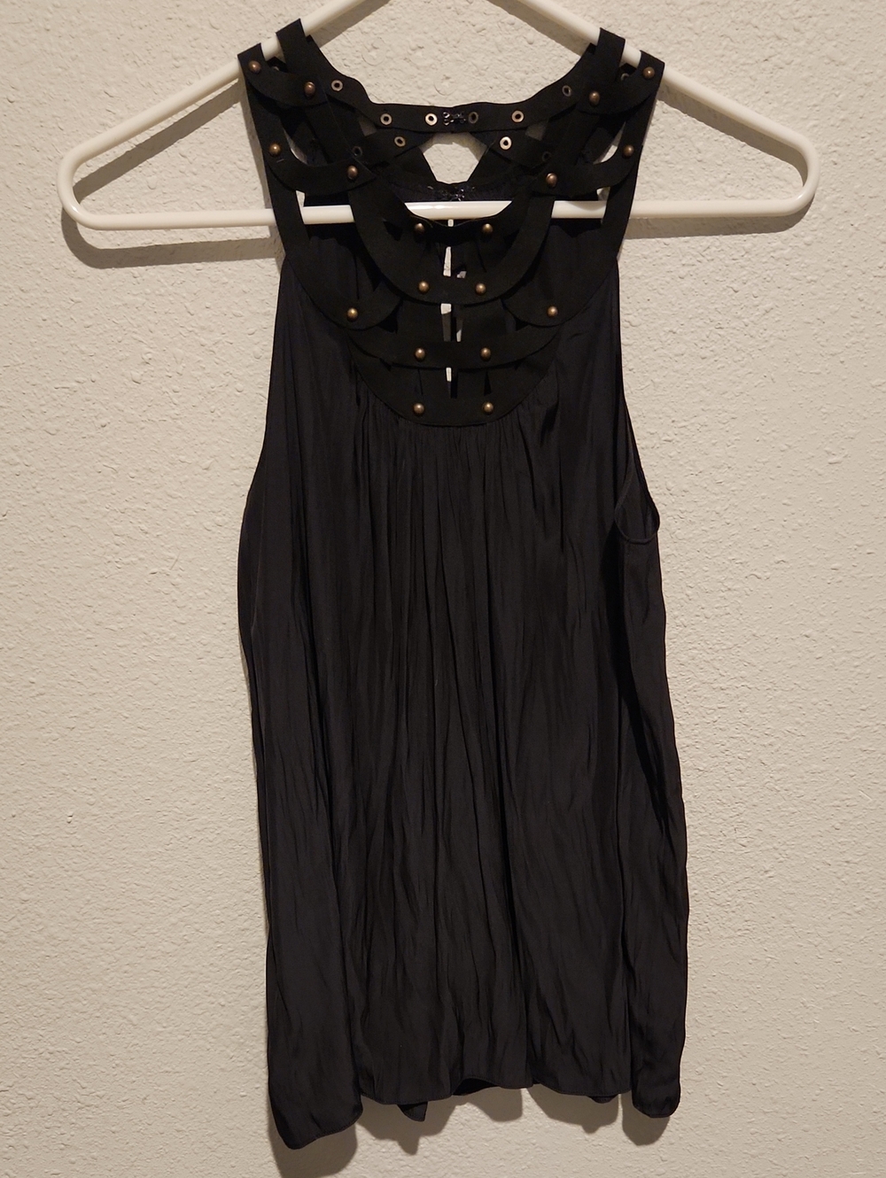 Ramy Brook New York Black Studded Suede Like Harness Neckline Top | Size S/P